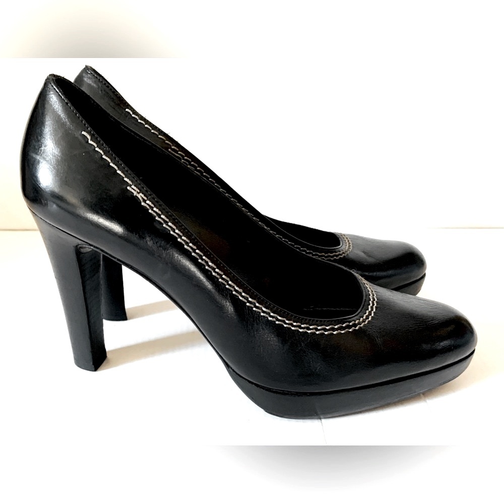 Stuart Weitzman shiny black leather shoes with platform & 4” block heels US 9.5